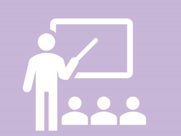 Icon image of classroom with professor and students.