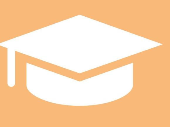 Icon image of graduation cap with light orange background.