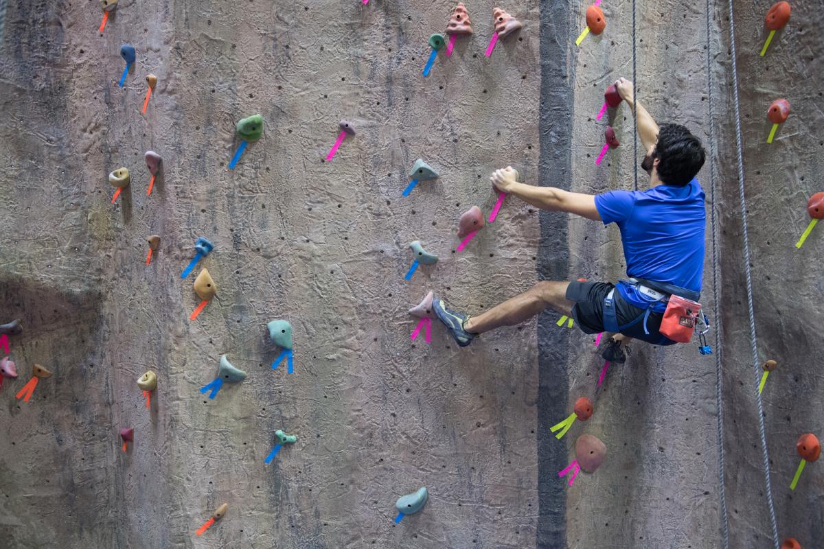 Movement science student climbing on rock wall wearing a blue shirt and black shorts.