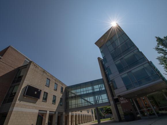 Exterior of New Hall with sun shining.