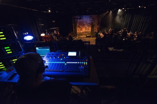View from the tech board during a performance in the Ely Black Box Theater