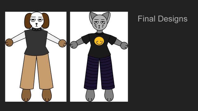 Final designs featuring color illustrations of cat and dog wearing clothes.