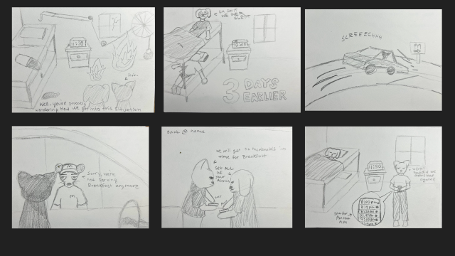 Animation pencil illustrations telling story of cat, dog, and car.
