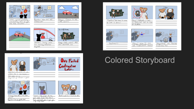 Colored storyboard featuring cat and dog illustrations in color.