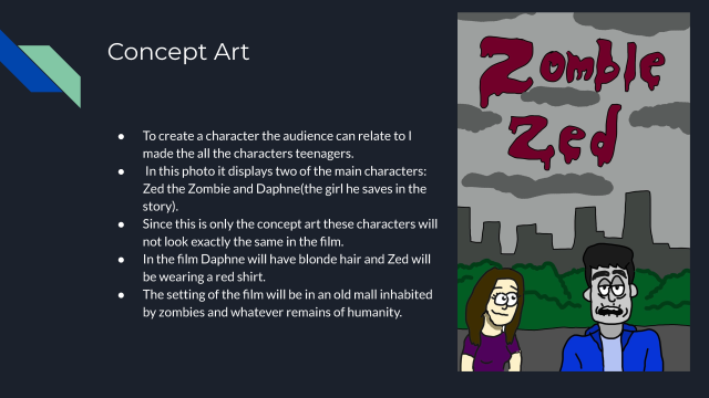Concept art for Zed the Zombie featuring an illustration of Zed the Zombie and Daphne (the girl he saves in the story)