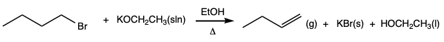 a chemical eauation showing the production of an 1-butene from the reaction of 1-bromobutane and potassium ethoxide.