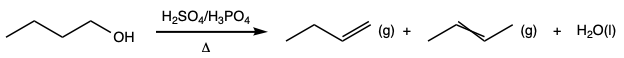 a chemical equation showing the production of 1-butene and Z- and E-2-butene from the reaction of 1-butanol with sulfuric and phosphoric acids.