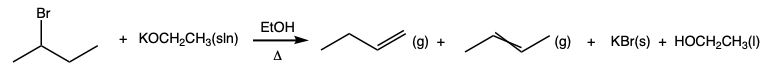 a chemical equation showing the production of  1-butene and Z- and E-2-butene from the reaction of 2-bromobutane and potassium ethoxide.