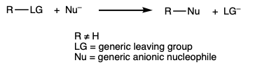 chemical equation showing generic reaction of a molecule that has a leaving group reacting with a nucleophile