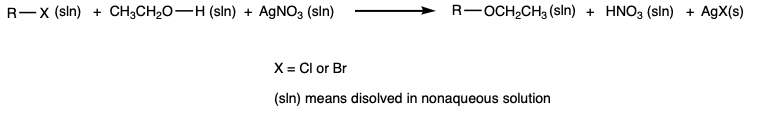 a chemical eauation showing the production of an insoluble silver salt and an ethyl ether from a generic chlorine or bromoine containing halohydrocarbon reacting with ethanol in the presence of silver nitrate.