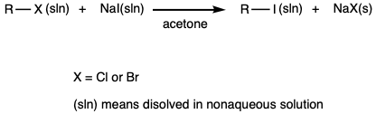 a chemical eauation showing the production of an insoluble salt and an iodohydrocarbon from a generic chlorine or bromoine containing halohydrocarbon reacting with sodium iodide in acetone.