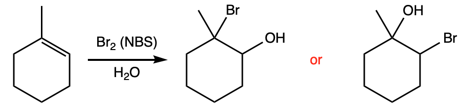 chemical equation showing the reaction of 1-methylcyclohexene with bromine and water that asks which product will form