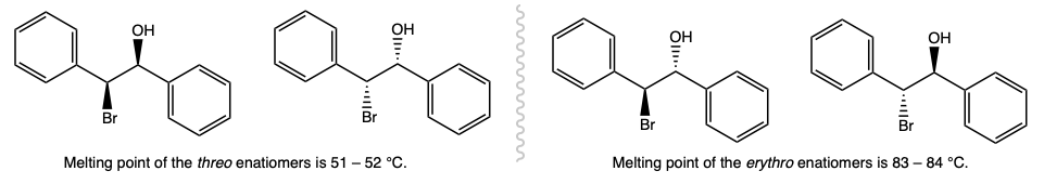 A graphic showing the chemical structures of the erythro---(R,S) and (S,R)---enantiomers and the threo---(R,R) and (S,S)---enantiomers of 2-bromo-1,2-diphenylethanol. The melting point fo the threo enantiomer is 51 to 52 degrees Celcius and the melting point for the erthyro enantiomers is 83 to 84 degrees celcius.