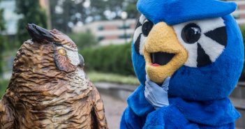 Westfield State University mascot Nestor meets a new friend on campus