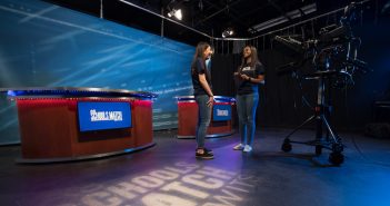 Westfield State Univedrsity students Jenna DeLisi (l) and Lauren Christian (r) on the set for As Schools Match Wits in the campus TV studio.