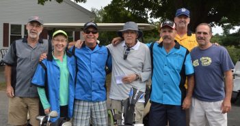 Left to right: Dan Dunn ’78, Regina Hopkins Buckley ’81, Jim Dunn, Coach Jerry Gravel, Bill Dunn, Kevin Farren, and Mark Asaro.