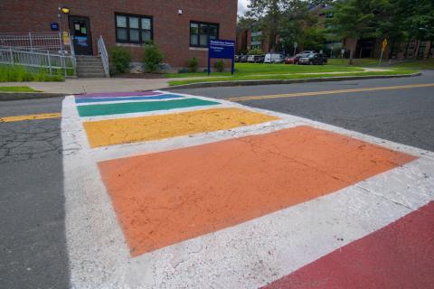 A rainbow sidewalk on campus.