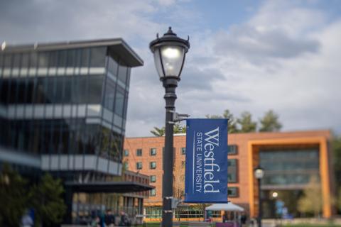 A photo of a lamppost bearing a Westfield State blue flag.