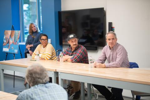 From left, Sheila Coon, of Hot Oven Cookies, Ted Dobek, of Circuit Coffee and Bob Lowry of Bueno Y Sano, speak to students, faculty and staff at the Entrepreneurs of Western Mass panel discussion at the RIDE center on November 6. 