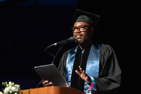 Photo of Award-winning actor and alumnus James Jackson Jr. at Westfield State Commencement