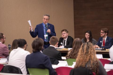 Mayor William Reichelt of West Springfield speaking at the SGA's Civic Leaders Speaker Series, encouraging local volunteerism.