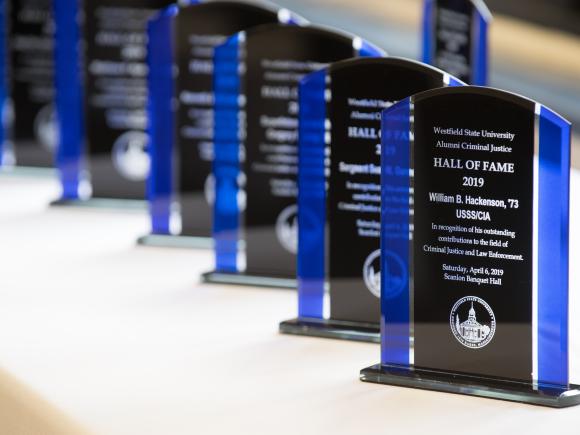 A row of awards for the Criminal Justice Hall of Fame