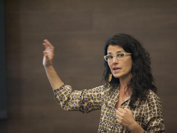 Professor Sophia Sarigianides gives a presentation on her research during the Faculty Showcase