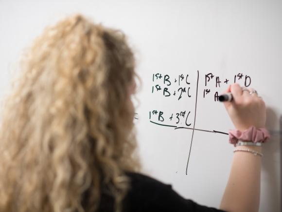 Photo of student, from behind, writing mathematical equations on whiteboard