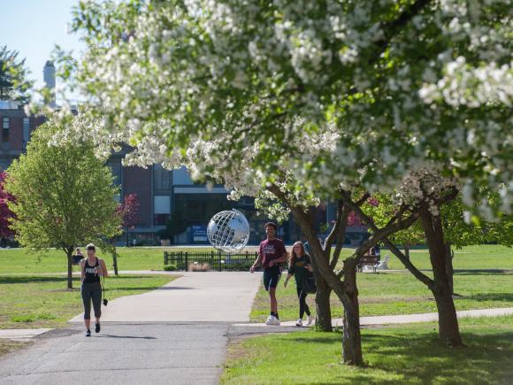 a student walks by blossoming trees outside of Courtney Hall