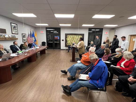 Master of Public Administration program student Elyssa Parrish presenting to the East Windsor Board of Selectman. First Selectman Jason Bowsza, second from left at table, graduated from MPA program in 2019.