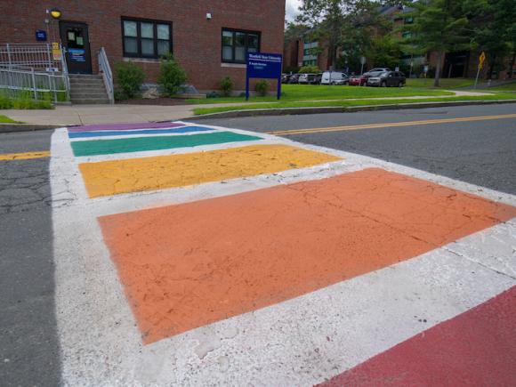 A rainbow sidewalk on campus.