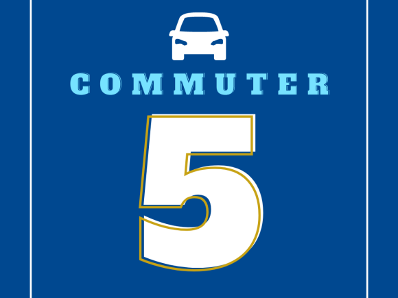 Icon of a car above Commuter and a large 5 for Commuter 5 meal plan logo.