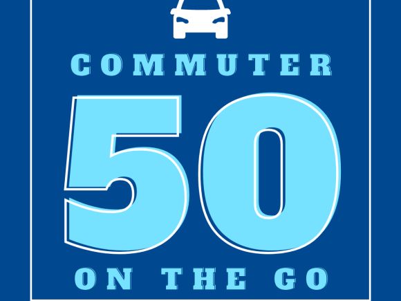 Commuter 50 On The Go meal plan logo with a car at the top.