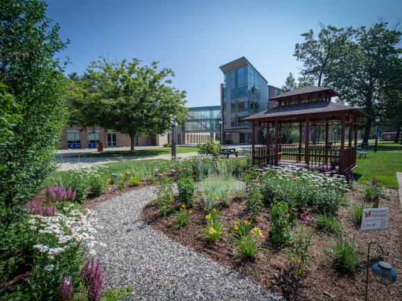 A new garden with freshly planted flowers, bushes, and shrubs, stands before a wooden gazebo. In the distance, the Science and Innovation Center is visible under a blue sky.
