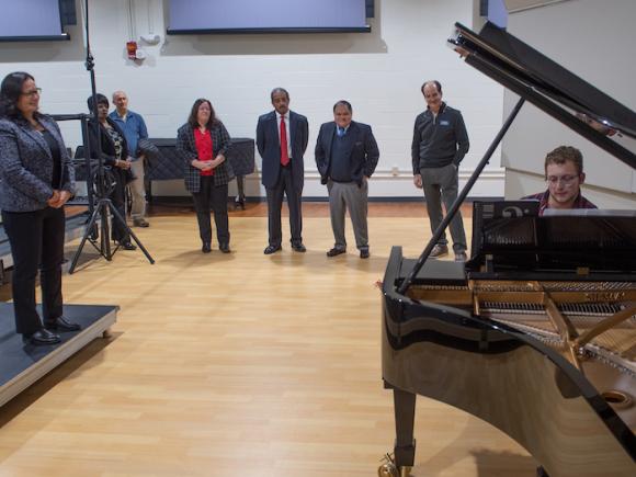 Members of the Board of Trustees take a tour of the Catherine Dower Center for the Performing and Fine Arts after a board meeting in December 2022.