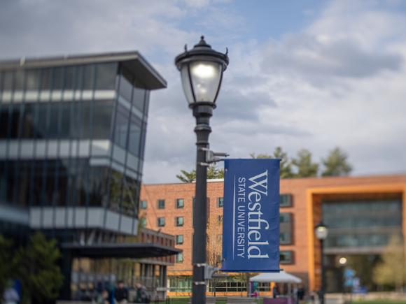 A photo of a lamppost bearing a Westfield State blue flag.