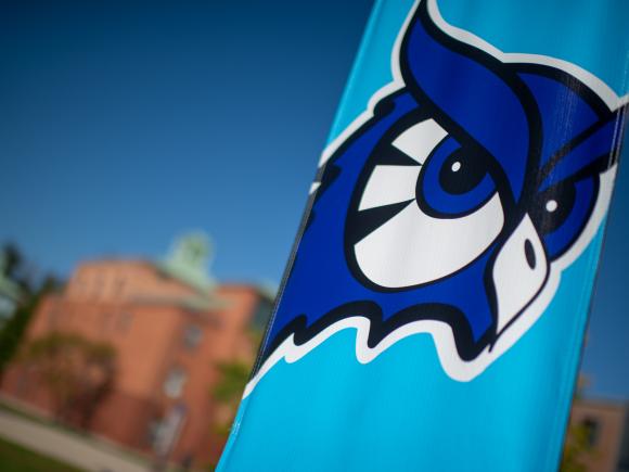 University flag with mascot logo