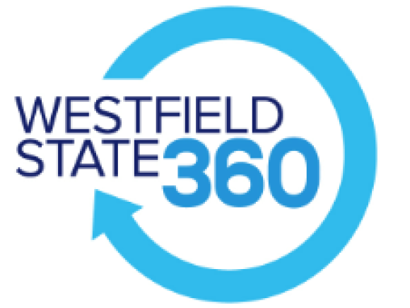 Westfield State 360 Icon with blue circle around text with arrow.