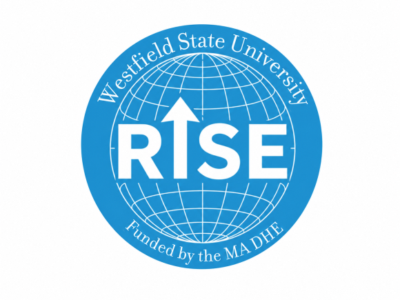 RISE program logo with blue globe and white text that says WSU RISE Funded by the MA DHE.