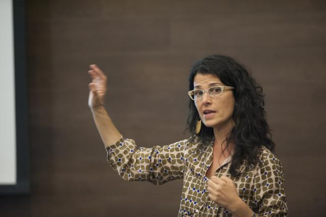 Professor Sophia Sarigianides gives a presentation on her research during the Faculty Showcase