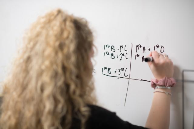 Photo of student, from behind, writing mathematical equations on whiteboard