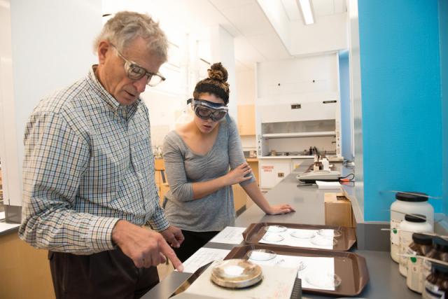 Professor Pat Romano works with a student during an in-class experiment