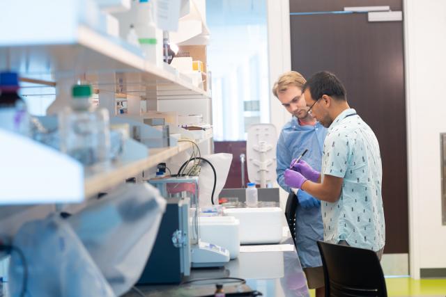 Biology Student and Faculty working in a Stevens Center lab