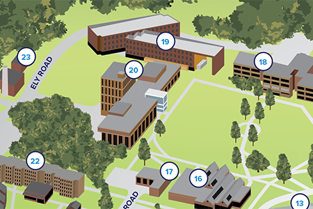 Ely Campus Center on the campus map