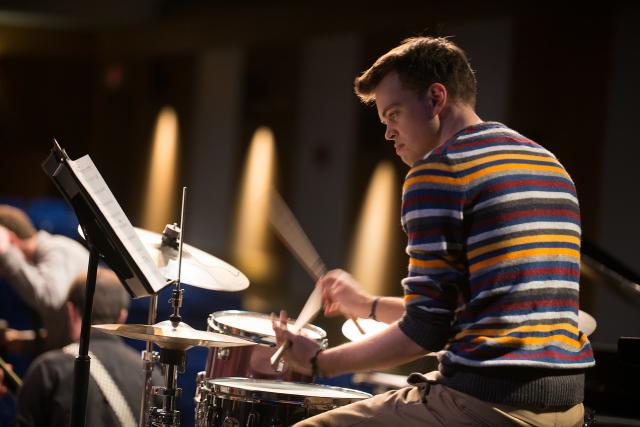 Westfield State Music student drummer in jazz ensemble