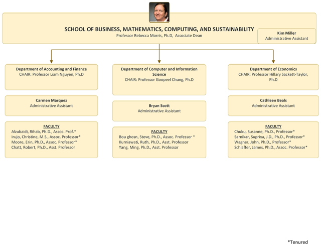 Organization chart for the School of Business, Mathematics, Computing, and Sustainability, Part 1