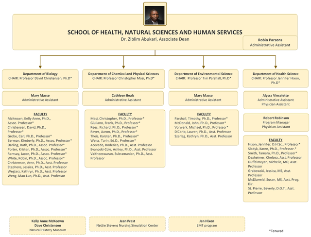 Organization chart for the School of Health, Natural Sciences, and Human Services, Part 1