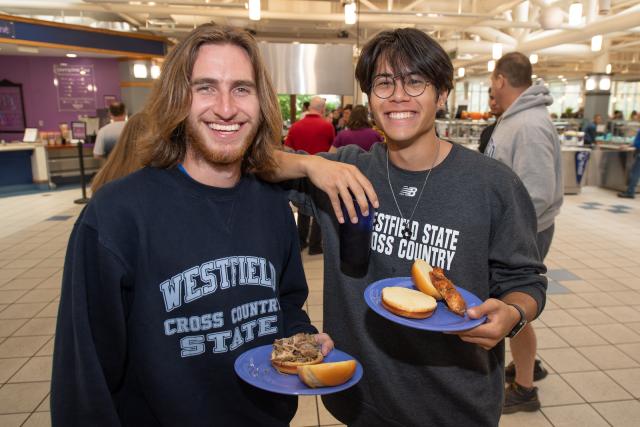 Two students eating together in the Dining Hall