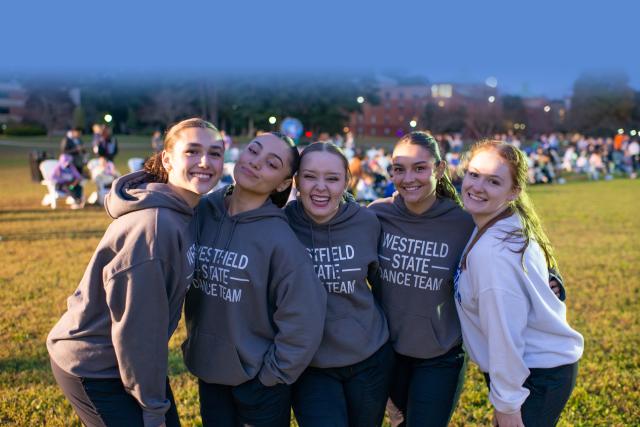 Members of the Westfield State Dance Team smile for the camera during the Fall Pep Rally