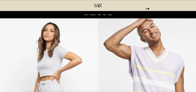 Example of student website work featuring online clothing store with images of two models wearing white shirts.